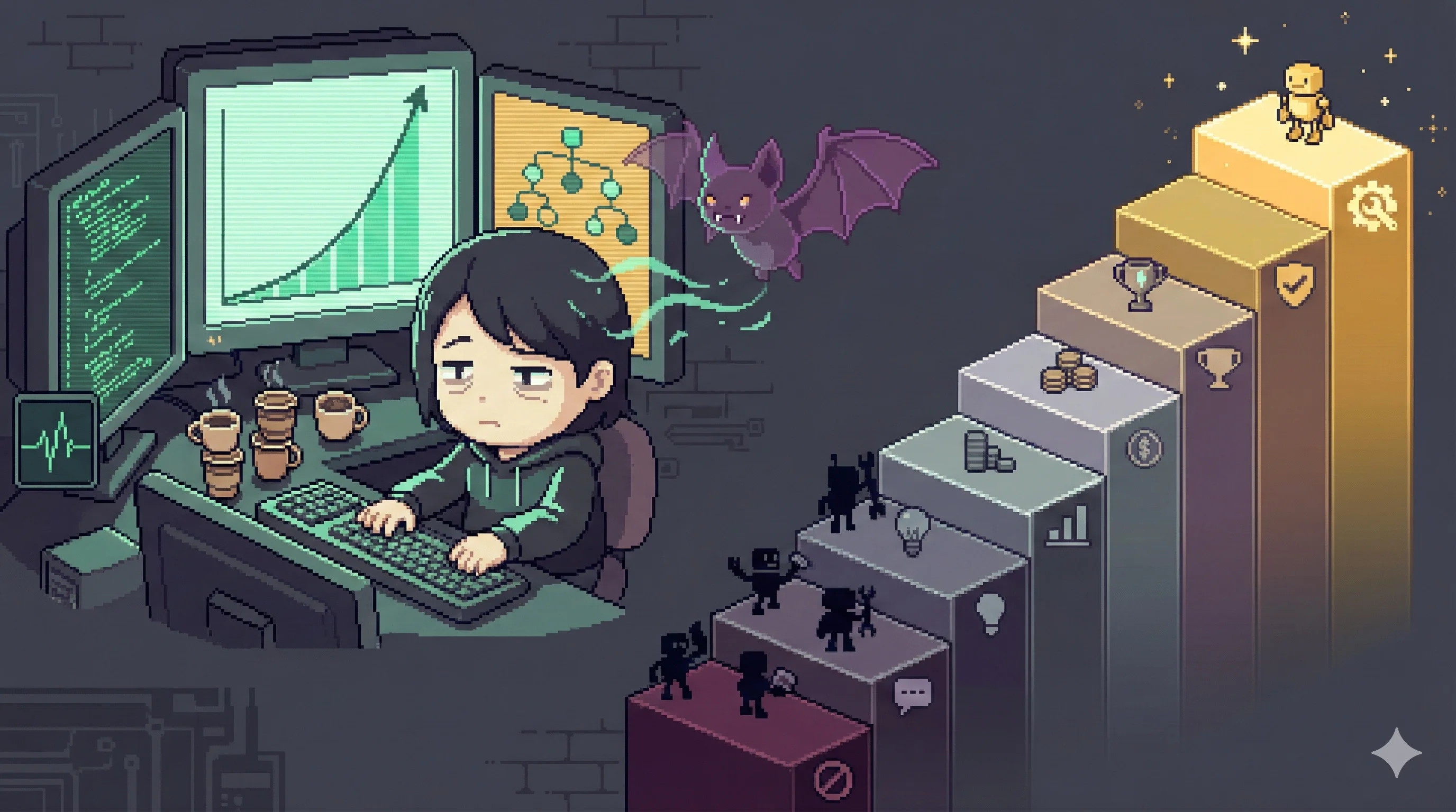 16비트 픽셀 아트: 어둠 속 워크스테이션에서 AI와 함께 일하는 개발자, 뒤에 드라큘라 박쥐와 8단계 계단